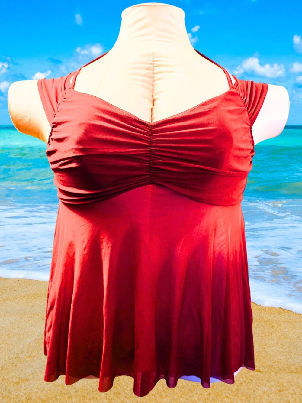 Burgundy Sheer Tankini Top Ruched Bust Halter Tie Raw Hem Flowy Swim Cover Up 2X